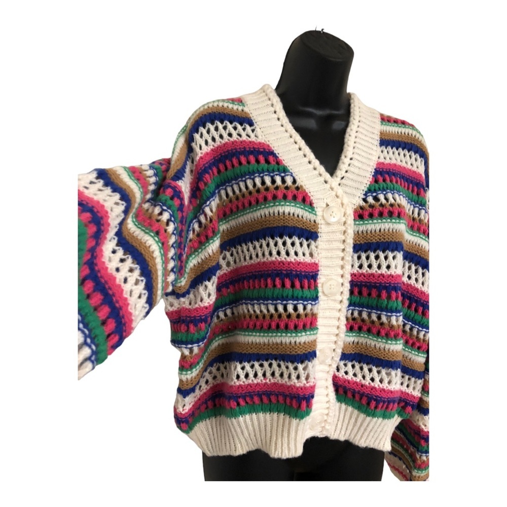 Vigoss Cream multistriped crochet‎ knit grandpa cardigan sweater size large new - Picture 7 of 16